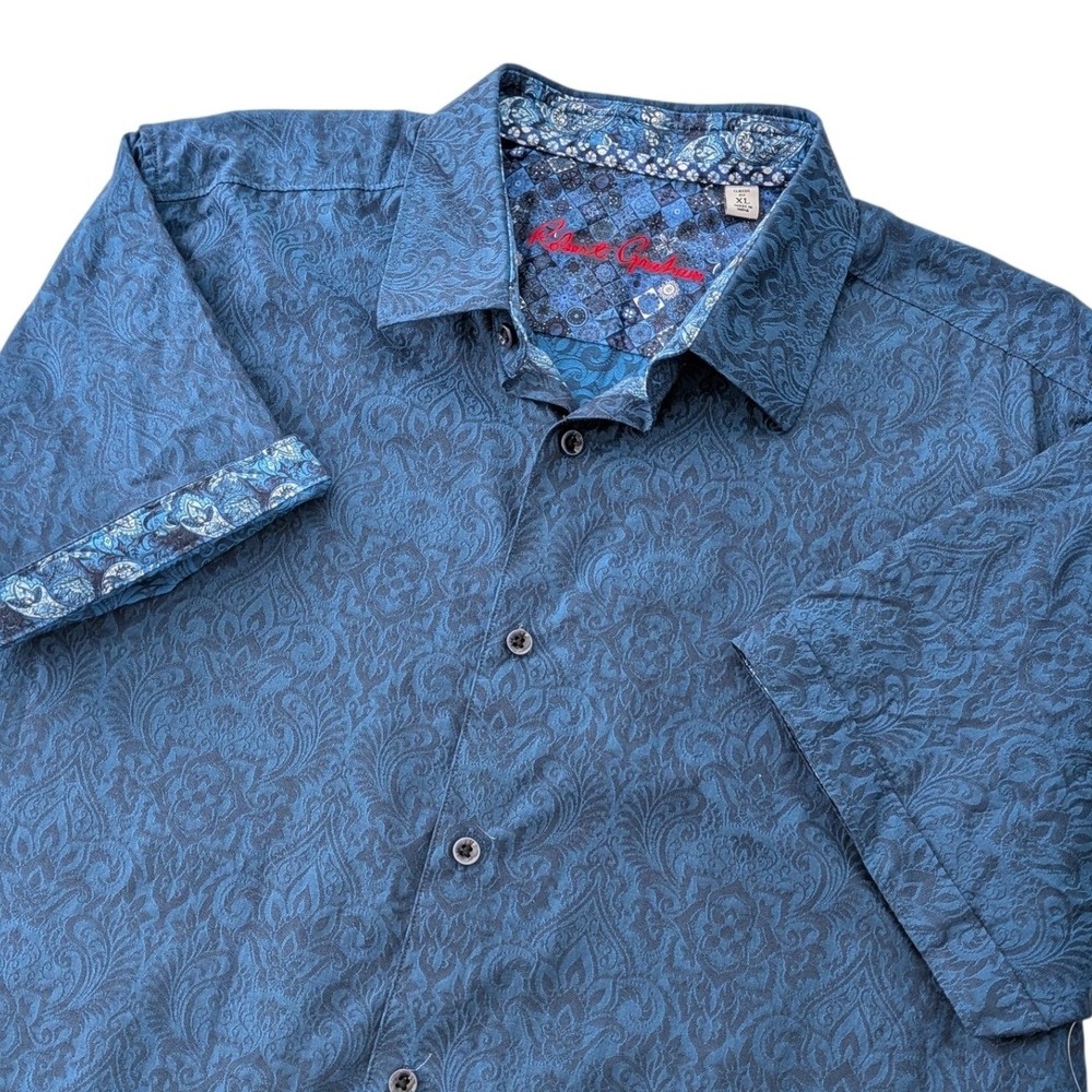 Robert Graham Equinox Shirt Mens XL‎ Navy Damask Jacquard SS Button NWT
